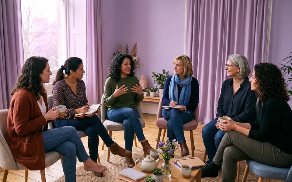 Un grupo de mujeres conversando en círculo durante un taller