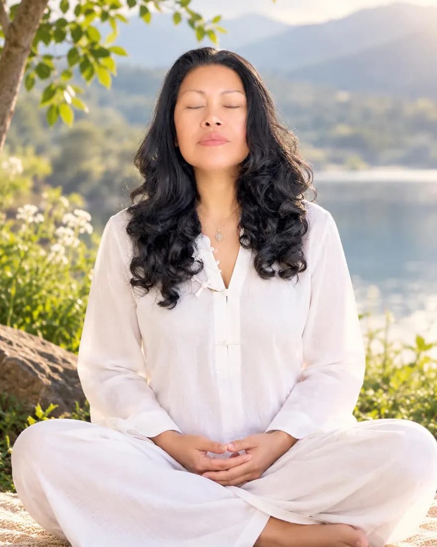 Lucy Peña meditando con ropa blanca junto a un lago