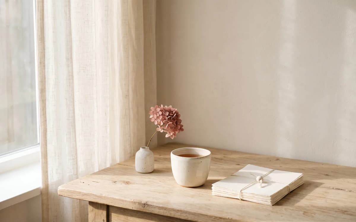 Taza de cerámica y papeles junto a una ventana con luz de mañana